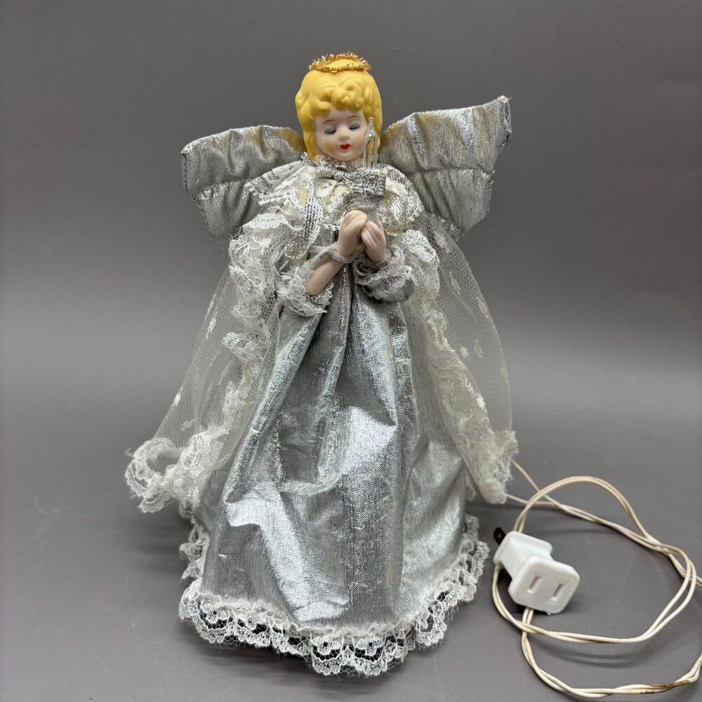 Vintage Lighted Angel Tree Topper Porcelain Silver Lace 10 Light Christmas Decor